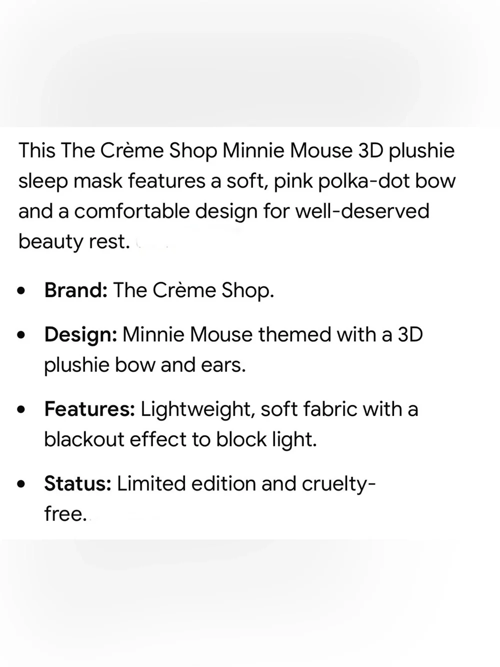 Disney Minnie Mouse Plush Sleep Mask - Pink, Black & White